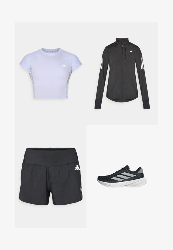 Black athletic jacket made of lightweight material. Features a front zipper, high collar, and three white stripes on each sleeve.; Light purple athletic shirt with short sleeves, narrow fit, ribbed accents, and a small white logo on the chest. Smooth, stretchy material.; Black athletic shorts featuring a wide elastic waistband, lightweight fabric, and white logo accents on the lower side.; Black running shoe with mesh upper, three silver stripes, white midsole, and textured outsole. Features padded collar and lace closure.