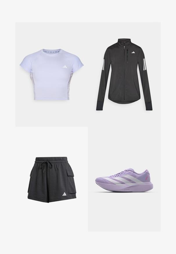 Melnā sporta jaka, izgatavota no viegla materiāla. Tajā ir priekšējais rāvējslēdzis, augsta apkakle un trīs baltas svītras katrā piedurknē.; Gaiši violets sporta krekls ar īsām piedurknēm, šaura piegriezuma, ar ribotām akcentiem un mazu baltu logo uz krūtīm. Gluda, elastīga auduma.; Melni sporta šorti, izgatavoti no mīksta auduma. Iekļauj auklu jostu, sānu kabatas un baltu logo kreisajā apakšējā malā.; Gaiši purpura skrienamā apava ar sietu augšdaļu, baltu trīs joslu dizainu, teksturētu virsmu un biezu putas vidusdaļu ar uzrakstu "LIGHTSTRIKE PRO."