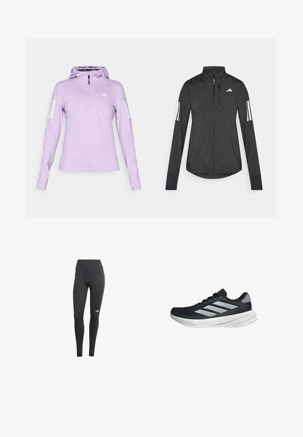 Schwarze Sportjacke aus leichtem Material. Mit einem Frontreißverschluss, hohem Kragen und drei weißen Streifen an jedem Ärmel.; Hellblau lilafarbene Kapuzenpullover mit langen Ärmeln und einem halben Reißverschluss, mit weißen drei Streifen-Akzenten an den Ärmeln und einem runden Halsausschnitt.; Schwarze Sportleggings mit hohem Bund, ausgestattet mit einer Seitentasche und einem weißen Logo am unteren linken Bein. Das Material scheint atmungsaktiv zu sein.; Schwarzer Laufschuh mit Mesh-Obermaterial, drei silbernen Streifen, weißer Zwischensohle und strukturiertem Außensohle. Verfügt über einen gepolsterten Schaft und eine Schnürung.