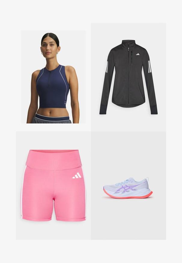 Black athletic jacket made of lightweight material. Features a front zipper, high collar, and three white stripes on each sleeve.; Navy blue athletic crop top with a half zip, sleeveless design, perforated texture for breathability, and white accent stitching.; Pink athletic shorts made from stretchy material. Features white side stripes and a white logo on the front. High waistband design.; Light blue running shoe with purple accents, mesh upper for breathability, pink midsole, and textured tread for grip.