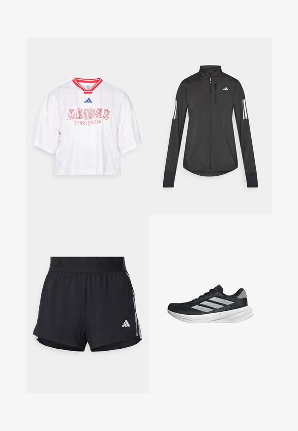 Black athletic jacket made of lightweight material. Features a front zipper, high collar, and three white stripes on each sleeve.; White cropped jersey with red accents and stripes, featuring "ADIDAS SPORTSWEAR" in bold red lettering and blue logo detail on the collar.; Black athletic shorts with an elastic waistband, featuring a textured band, side stripes, and a white Adidas logo on the lower hem.; Black running shoe with mesh upper, three silver stripes, white midsole, and textured outsole. Features padded collar and lace closure.