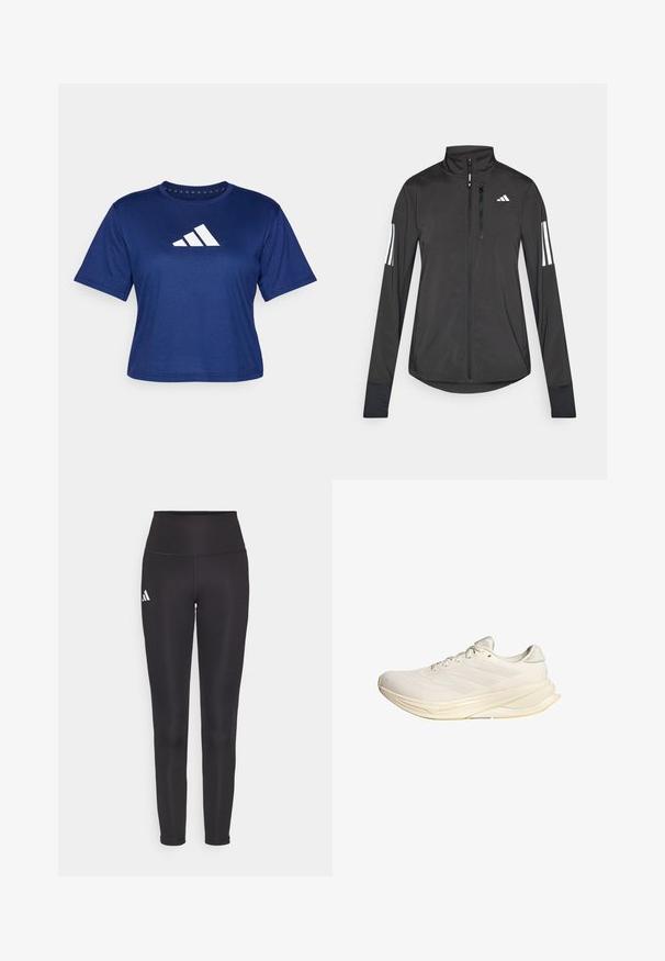 Juodas sportinis švarkas, pagamintas iš lengvos medžiagos. Yra priekinis užtrauktukas, aukšta apykaklė ir trys baltos juostos kiekviename rankovėje.; Tamsiai mėlynas sportinis marškinėlis, pagamintas iš lengvos medžiagos, su trumpomis rankovėmis ir baltu logotipu su trimis įstrižais dryžiais priekyje.; Juodos aukštu liemeniu tamprės, pagamintos iš elastingos medžiagos. Kairėje pusėje yra baltas logotipas, o dizainas yra sklandus ir be siūlių. Glotnus paviršius.; Šviesiai smėlio spalvos sportiniai batai su tinklelio viršumi, plokščiomis raištelėmis ir paminkštintu padu. Šoninė pusė puošia trijų juostų dizainas.