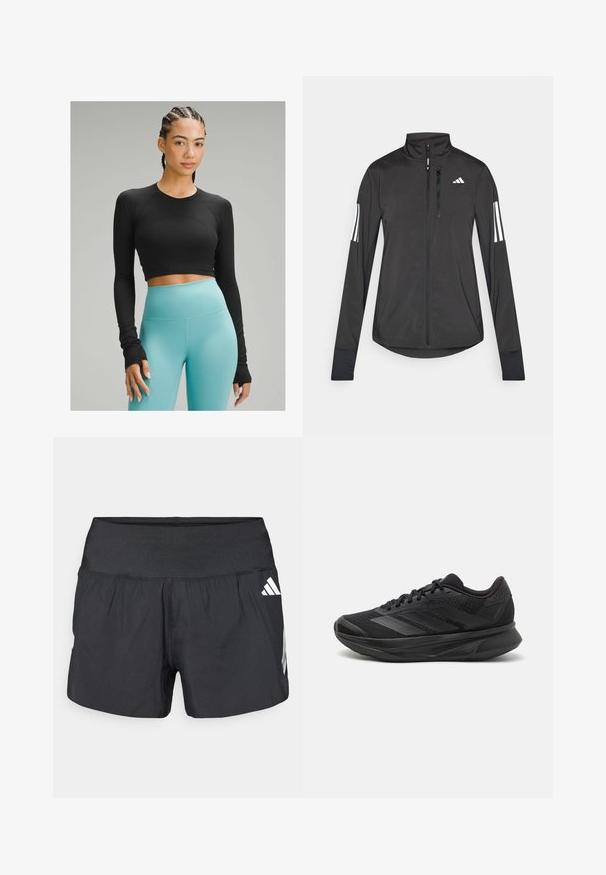 Czarna sportowa kurtka wykonana z lekkiego materiału. Posiada zamek błyskawiczny z przodu, wysoki kołnierz oraz trzy białe paski na każdym rękawie.; Czarny krótki top z długim rękawem o gładkiej fakturze, zestawiony z jasnoniebieskimi legginsami o wysokim stanie z elastycznego materiału.; Czarne spodenki sportowe z szerokim elastycznym pasem, lekkim materiałem i białymi akcentami logo na dolnej stronie.; Czarna sportowa buty do biegania z oddychającą siateczką, zaokrąglonym noskiem, eleganckim designem, teksturowanymi akcentami oraz amortyzowaną podeszwą dla wygody.
