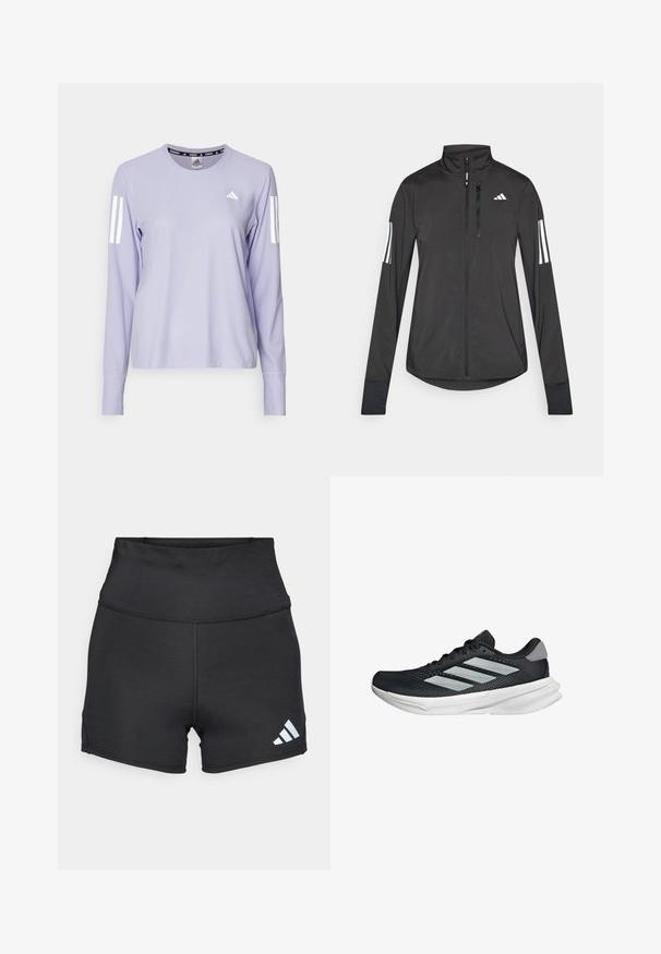 Schwarze Sportjacke aus leichtem Material. Mit einem Frontreißverschluss, hohem Kragen und drei weißen Streifen an jedem Ärmel.; adidas Performance Langarmshirt - violet tone; adidas Performance Tights - black; Schwarzer Laufschuh mit Mesh-Obermaterial, drei silbernen Streifen, weißer Zwischensohle und strukturiertem Außensohle. Verfügt über einen gepolsterten Schaft und eine Schnürung.