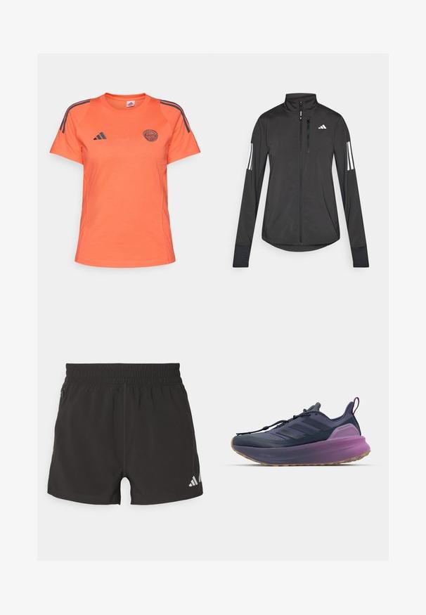 Must mustriga mustrin, millel on esiküljel lukuga, kõrge krae ja igal varrukal kolm valget triipu.; Oranž sportlik T-särk lühikeste varrukatega, millel on sinised triibud õlgadel ning esitükil brodüüritud logo, valmistatud kerge materjali järgi.; Mustad mustriga mustad lühikesed püksid, mis on valmistatud kergest kangast. Omavad elastset vöökohta, külgmist tõmblukuga taskut ja peegeldavat logo põlves.; adidas Performance ULTRABOOST 5 - Maanteejooksu jalatsid - shadow navy/legend ink/preloved purple