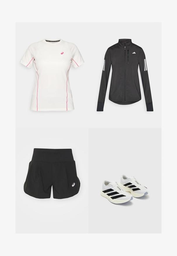 Giacchetto sportivo nero realizzato in materiale leggero. Presenta una chiusura frontale con zip, colletto alto e tre strisce bianche su ciascun manica.; Maglietta sportiva bianca a maniche corte con cuciture rosa lungo i lati e le maniche, dotata di un piccolo logo rosa Asics sul petto.; Pantaloni corti sportivi neri con un ampio elastico in vita, design plissettato e un piccolo logo bianco accentato sul lato sinistro inferiore. Materiale morbido e leggero.; Scarpe sportive bianche con strisce e marchio neri, dotate di tomaia in rete, punta arrotondata e suola spessa di color crema per un'ammortizzazione ottimale.
