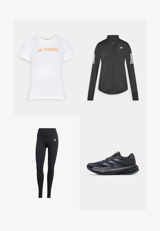 Czarna sportowa kurtka wykonana z lekkiego materiału. Posiada zamek błyskawiczny z przodu, wysoki kołnierz oraz trzy białe paski na każdym rękawie.; Biała koszulka sportowa z krótkim rękawem z pomarańczowym logo "TERREX". Wykonana z lekkiego, oddychającego materiału o gładkiej fakturze.; Czarne legginsy wykonane z elastycznego materiału, z wysokim pasem i małym białym logo, o gładkim, matowym wykończeniu.; Czarne buty sportowe z teksturowanym siateczkowym wierzchem, odblaskowymi akcentami, wyściełaną podeszwą i aerodynamicznym kształtem. Zawierają logo z trzema paskami.