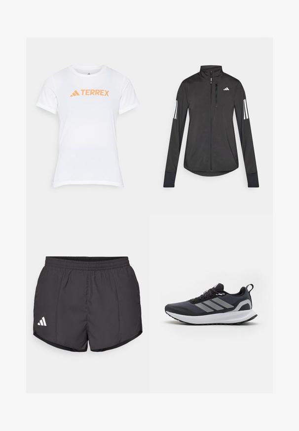 Svart idrottsjacka i lätt material. Har en framzipper, hög krage och tre vita ränder på varje ärm.; Vit kortärmad träningströja med en orange "TERREX"-logotyp. Tillverkad av lätt, andningsbart tyg med en slät yta.; Svarta idrottsshorts i lätt material, med elastisk midja och en vit Adidas-logotyp på nedre vänstra sidan.; Svart idrottssko med överdel i mesh, vit mellansula, strukturerad gummisula och tre grå ränder på sidan. Har snören och en dragflik.