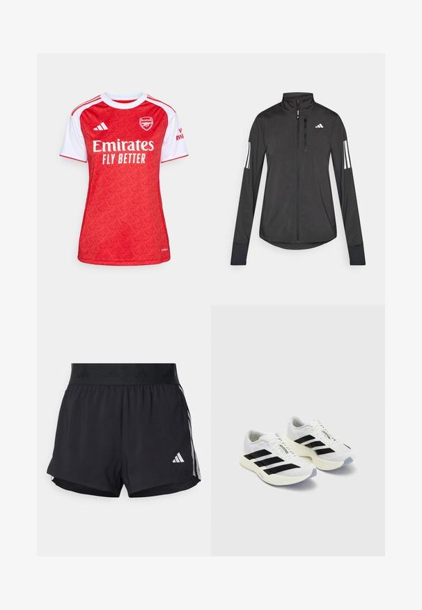 Giacchetto sportivo nero realizzato in materiale leggero. Presenta una chiusura frontale con zip, colletto alto e tre strisce bianche su ciascun manica.; Maglia da calcio rossa e bianca con un design a motivo, colletto rotondo, maniche corte e logo "Emirates Fly Better" sulla parte anteriore.; Pantaloni sportivi neri con cintura elasticizzata, dotati di una banda testurizzata, strisce laterali e un logo Adidas bianco sull'orlo inferiore.; Scarpe sportive bianche con strisce e marchio neri, dotate di tomaia in rete, punta arrotondata e suola spessa di color crema per un'ammortizzazione ottimale.