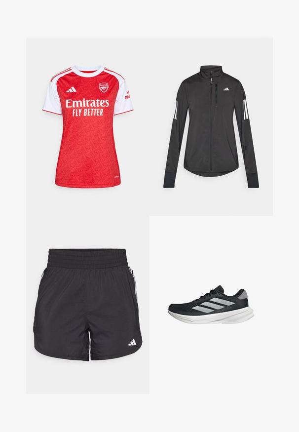 Giacchetto sportivo nero realizzato in materiale leggero. Presenta una chiusura frontale con zip, colletto alto e tre strisce bianche su ciascun manica.; Maglia da calcio rossa e bianca con un design a motivo, colletto rotondo, maniche corte e logo "Emirates Fly Better" sulla parte anteriore.; Pantaloni sportivi neri con elastico in vita, tasche laterali e strisce bianche ai lati. Realizzati in materiale leggero.; Scarpa da corsa nera con tomaia in mesh, tre strisce argentate, intersuola bianca e suola testurizzata. Presenta un colletto imbottito e chiusura con lacci.