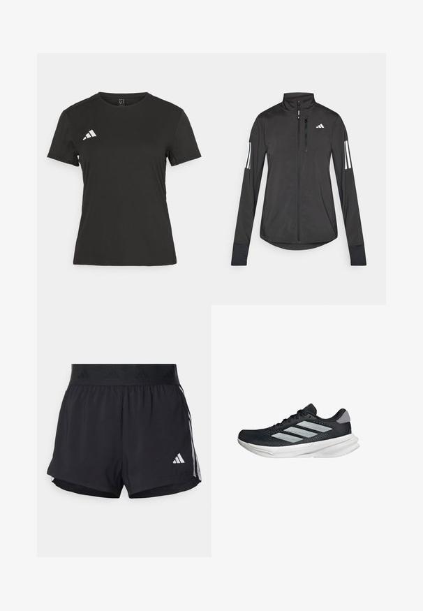 Czarna sportowa kurtka wykonana z lekkiego materiału. Posiada zamek błyskawiczny z przodu, wysoki kołnierz oraz trzy białe paski na każdym rękawie.; Czarna koszulka sportowa wykonana z gładkiego materiału. Posiada okrągły dekolt, krótkie rękawy oraz białe logo na lewej piersi.; Czarne sportowe szorty z elastycznym paskiem w talii, z teksturowanym pasem, bocznymi paskami oraz białym logo Adidas na dolnym brzegu.; Czarny but biegowy z siateczkowym wierzchem, trzema srebrnymi paskami, białą podeszwą środkową i teksturowaną podeszwą zewnętrzną. Posiada wyściełany kołnierz i zapięcie na sznurówki.