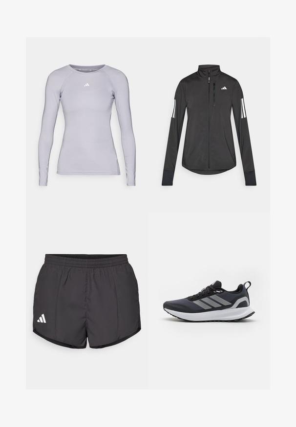 Czarna sportowa kurtka wykonana z lekkiego materiału. Posiada zamek błyskawiczny z przodu, wysoki kołnierz oraz trzy białe paski na każdym rękawie.; adidas Performance - Bluzka z długim rękawem; Czarne szorty sportowe wykonane z lekkiego materiału, posiadające elastyczny pas i biały logo Adidas po lewej stronie na dole.; Czarne sportowe buty z siateczkową cholewką, białą podeszwą środkową, teksturowaną podeszwą z gumy oraz trzema szarymi paskami po boku. Wyposażone w sznurowadła i uchwyt do zakupu.