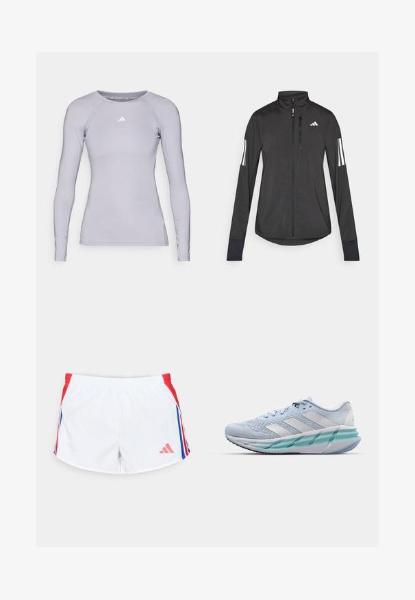 Giacchetto sportivo nero realizzato in materiale leggero. Presenta una chiusura frontale con zip, colletto alto e tre strisce bianche su ciascun manica.; adidas Performance TF LS T - Maglietta a manica lunga - glory grey; Pantaloni sportivi bianchi con pannelli laterali rossi e strisce blu. Vita elastica e logo nella parte inferiore sinistra. Texture del tessuto liscia.; Scarpe da ginnastica azzurro chiaro con tomaia in maglia testurizzata, accenti bianchi e suola intermedia verde trasparente. Punta rotonda e colletto imbottito.