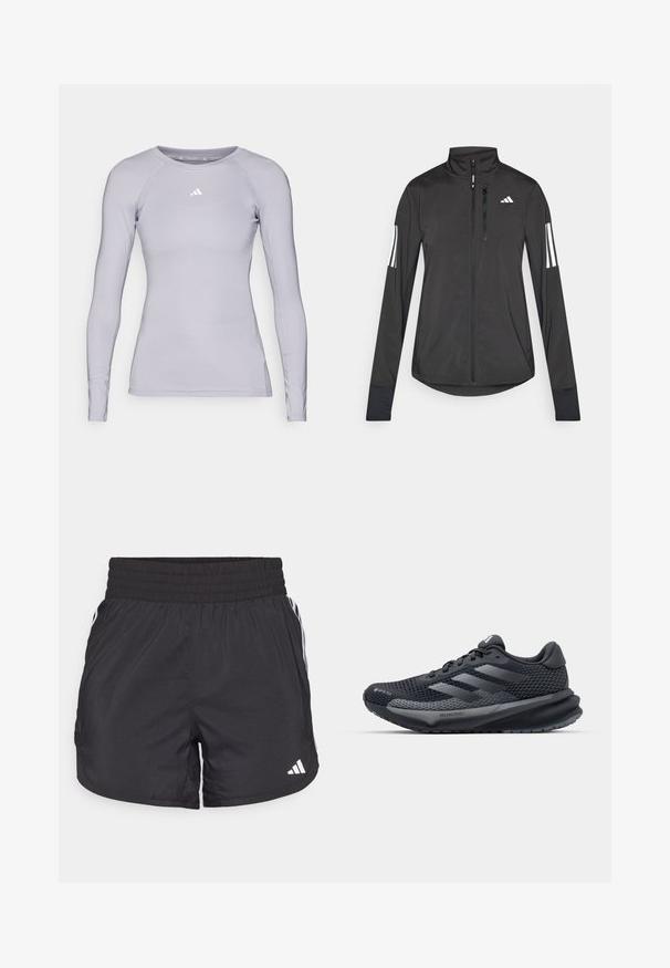 Crni sportski jakna napravljena od laganog materijala. Ima prednji zatvarač, visoki ovratnik i tri bijele pruge na svakoj rukavu.; adidas Performance Top dugih rukava - glory grey; Crne atletske kratke hlače s elastičnom trakom u struku, bočnim džepovima i bijelim prugama sa strane. Izrađene su od laganog materijala.; Crne atletske cipele s teksturiranim mrežastim gornjim dijelom, reflektirajućim detaljima, ublaženim potplatom i aerodinamičnim dizajnom. Sadrži logo s tri pruge.