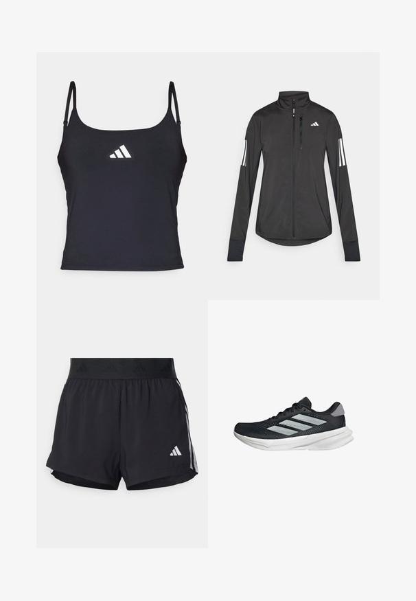 Černá atletická bunda vyrobená z lehkého materiálu. Má přední zip, vysoký límec a tři bílé pruhy na každém rukávu.; Černá sportovní tílko s tenkými ramínky, na přední straně s bílým logem Adidas. Hladká látka se přiléhavým střihem.; Černé sportovní šortky s elastickým pasem, s texturovaným páskem, bočními pruhy a bílým logem Adidas na dolním lemu.; Černé běžecké boty s vrchní částí z prodyšné síťoviny, třemi stříbrnými pruhy, bílou mezipodešví a texturovanou podešví. Obsahují polstrovaný límec a šněrování.