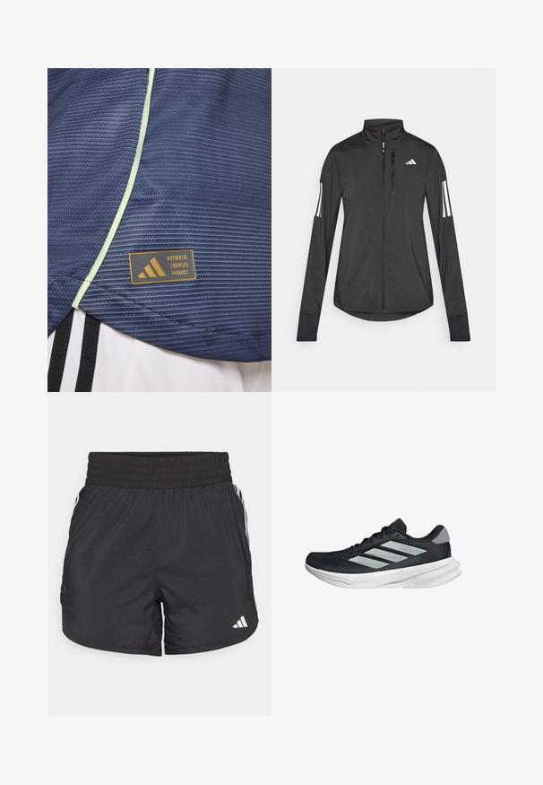 Giacchetto sportivo nero realizzato in materiale leggero. Presenta una chiusura frontale con zip, colletto alto e tre strisce bianche su ciascun manica.; Maglietta sportiva navy con motivo testurizzato, accentuata da piping verde chiaro e un'etichetta di prodotto autorizzato Adidas con logo dorato.; Pantaloni sportivi neri con elastico in vita, tasche laterali e strisce bianche ai lati. Realizzati in materiale leggero.; Scarpa da corsa nera con tomaia in mesh, tre strisce argentate, intersuola bianca e suola testurizzata. Presenta un colletto imbottito e chiusura con lacci.