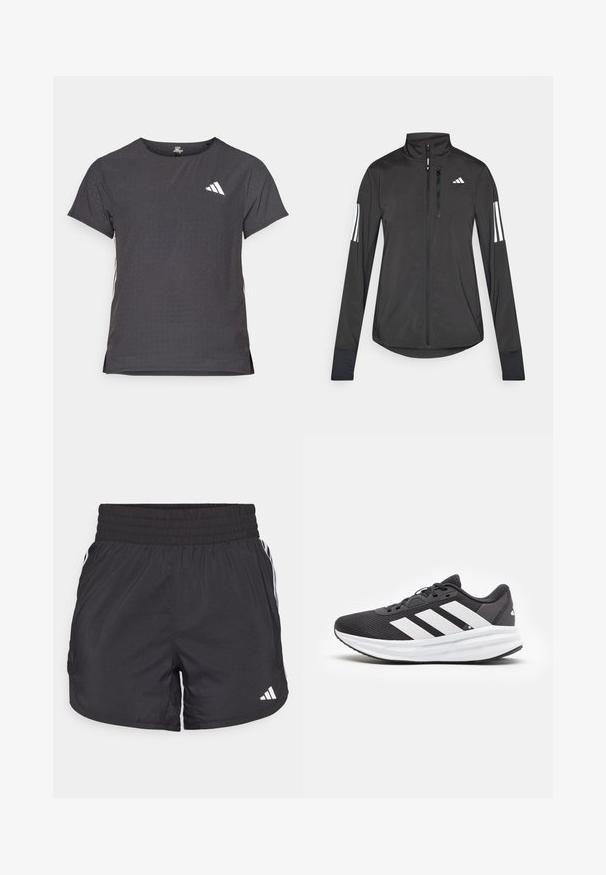 Čierna športová bunda vyrobená z ľahkého materiálu. Má zips vpredu, vysoký golier a tri biele pruhy na každom rukáve.; Tričko s krátkym rukávom pre šport, tmavosivé s perforovanou textúrou. Obsahuje biele logo a kontrastné bočné pruhy. Okrúhly výstrih.; Čierne športové šortky s elastickým pásom, bočnými vreckami a bielymi pruhmi po stranách. Vyrobené z ľahkého materiálu.; Čierna atletická obuv s bielymi akcentmi, s materiálom z priedušnej siete, pohodlnou podrážkou a tromi bielymi pruhmi na boku pre značkovanie.