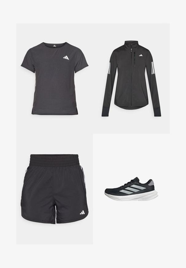 Chaqueta deportiva negra hecha de material ligero. Cuenta con una cremallera frontal, un cuello alto y tres franjas blancas en cada manga.; Camiseta atlética de manga corta, gris oscuro con textura perforada. Presenta un logo blanco y rayas laterales en contraste. Escote redondeado.; Pantalones cortos deportivos negros con cintura elástica, bolsillos laterales y detalles de rayas blancas en los lados. Hechos de un material ligero.; Zapatilla de correr negra con parte superior de malla, tres franjas plateadas, media suela blanca y suela texturizada. Incluye un cuello acolchado y cierre de cordones.