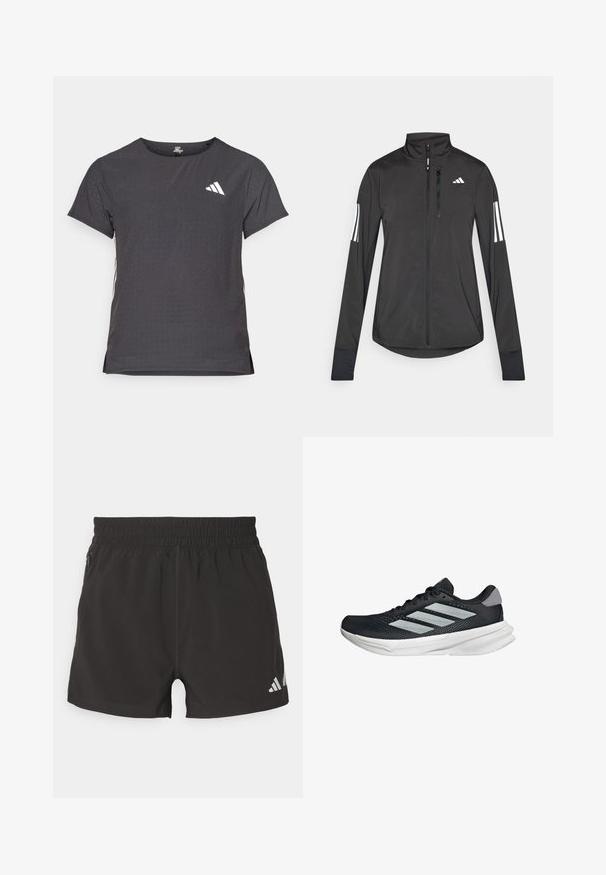 Chaqueta deportiva negra hecha de material ligero. Cuenta con una cremallera frontal, un cuello alto y tres franjas blancas en cada manga.; Camiseta atlética de manga corta, gris oscuro con textura perforada. Presenta un logo blanco y rayas laterales en contraste. Escote redondeado.; Pantalones cortos deportivos negros de tejido ligero. Cuentan con una cinturilla elástica, un bolsillo lateral con cremallera y un logotipo reflectante en el dobladillo.; Zapatilla de correr negra con parte superior de malla, tres franjas plateadas, media suela blanca y suela texturizada. Incluye un cuello acolchado y cierre de cordones.