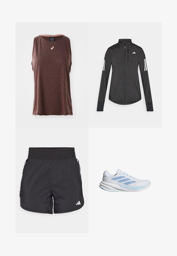 Black athletic jacket made of lightweight material. Features a front zipper, high collar, and three white stripes on each sleeve.; Brown sleeveless athletic tank top with a round neckline, featuring a small white logo on the chest and a textured, soft fabric.; Black athletic shorts with an elastic waistband, side pockets, and white stripe accents on the sides. Made of lightweight material.; White running shoes with light blue accents, breathable mesh upper, three-stripe design, cushioned sole, and textured traction outsole.