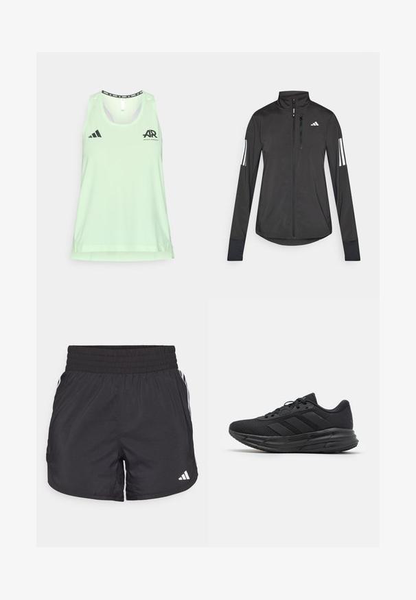 Svart idrottsjacka i lätt material. Har en framzipper, hög krage och tre vita ränder på varje ärm.; Ljusgrön ärmlös träningslinne av andningsbart material, med svart adidas-logotyp och löpningsgrafik vid halsringningen och på bröstet.; Svarta träningsshorts med elastisk midja, sidfickor och vita randkonturer på sidorna. Tillverkade av lätt material.; Svart idrottssko med ett andningsbart nätöverdrag, som har tre matta svarta ränder, en stötdämpande sula och en texturerad sula för bra grepp.