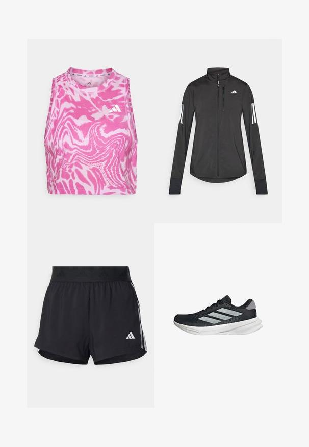 Black athletic jacket made of lightweight material. Features a front zipper, high collar, and three white stripes on each sleeve.; Pink sleeveless crop top with a wavy pattern, made of soft fabric; features an embroidered white logo on the front near the neckline.; Black athletic shorts with an elastic waistband, featuring a textured band, side stripes, and a white Adidas logo on the lower hem.; Black running shoe with mesh upper, three silver stripes, white midsole, and textured outsole. Features padded collar and lace closure.