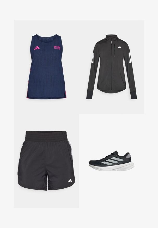 Giacchetto sportivo nero realizzato in materiale leggero. Presenta una chiusura frontale con zip, colletto alto e tre strisce bianche su ciascun manica.; adidas Performance BER25 TANK - Top - collegiate navy; Pantaloni sportivi neri con elastico in vita, tasche laterali e strisce bianche ai lati. Realizzati in materiale leggero.; Scarpa da corsa nera con tomaia in mesh, tre strisce argentate, intersuola bianca e suola testurizzata. Presenta un colletto imbottito e chiusura con lacci.