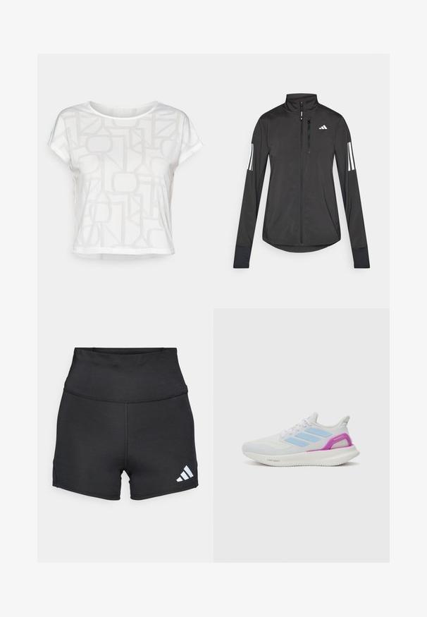 Musta urheilutakki, joka on valmistettu kevyestä materiaalista. Ominaisuuksiin kuuluu etuvetoketju, korkea kaulus ja kolme valkoista raitaa joka hihassa.; Valkoinen lyhythihainen t-paita, jossa on teksturoitu geometrinen kuvio hieman vaaleammassa sävyssä, pyöreä kaula-aukko ja rento mitoitus.; adidas Performance Trikoot - black; adidas Performance PUREBOOST 5 - Katujuoksukengät - white/glow blue/purple burst