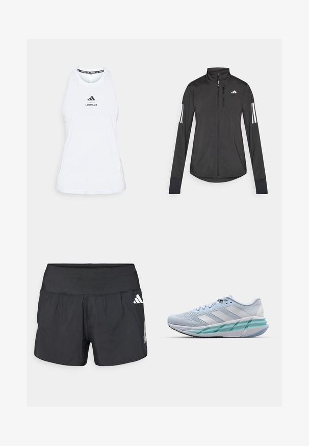 Czarna sportowa kurtka wykonana z lekkiego materiału. Posiada zamek błyskawiczny z przodu, wysoki kołnierz oraz trzy białe paski na każdym rękawie.; Biała sportowa koszulka na ramiączkach z okrągłym dekoltem, bocznymi rozcięciami i czarnym logo "LesMills". Wykonana z lekkiego, oddychającego materiału.; Czarne spodenki sportowe z szerokim elastycznym pasem, lekkim materiałem i białymi akcentami logo na dolnej stronie.; Jasnoniebieskie buty sportowe z teksturowaną cholewką z dzianiny, białymi akcentami i przezroczystą zieloną podeszwą środkową. Okrągły czubek i wyściełany kołnierz.