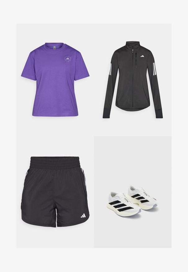 Fekete sportos dzseki könnyű anyagból. Elöl cipzárral, magas gallérral és minden ujjon három fehér csíkkal rendelkezik.; Lila pamut póló, kerek nyakkal, rövid ujjakkal és kör alakú logóval a bal melle fölött.; Fekete sportnadrág elasztikus derékkal, oldalsó zsebekkel és fehér csíkkal az oldalán. Könnyű anyagból készült.; Fehér sportcipők fekete csíkokkal és logóval, hálós felsőrésszel, kerek orral és vastag krém színű talppal a párnázás érdekében.