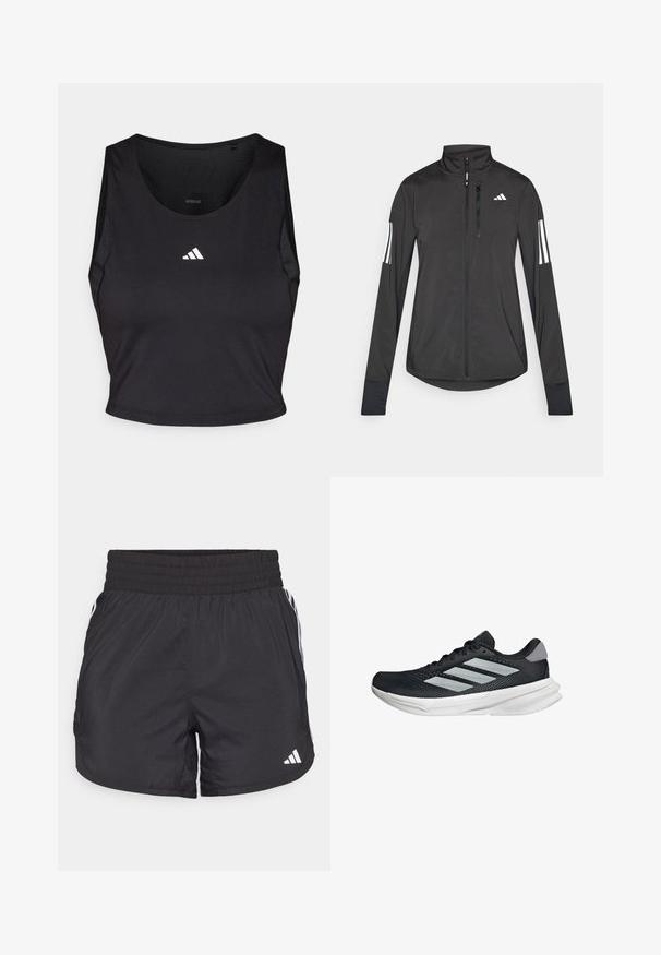 Musta urheilutakki, joka on valmistettu kevyestä materiaalista. Ominaisuuksiin kuuluu etuvetoketju, korkea kaulus ja kolme valkoista raitaa joka hihassa.; Musta urheilu crop-top, joka on valmistettu kosteutta siirtävästä kankaasta. Siinä on pyöreä kaula-aukko, hihaton malli ja valkoinen logo rinnassa.; Mustat urheilushortsit, joissa on joustava vyötärö, sivutaskut ja valkoiset raidat sivuilla. Valmistettu kevyestä materiaalista.; Musta juoksukenkä, jossa on verkko-osa ylhäällä, kolme hopeista raitaa, valkoinen välipohja ja teksturoitu pohja. Varustettu pehmustetulla nilkkaremmeillä ja nauhakiinnityksellä.