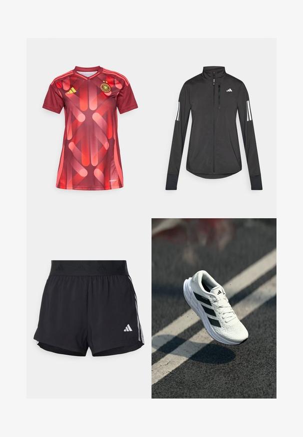 Černá atletická bunda vyrobená z lehkého materiálu. Má přední zip, vysoký límec a tři bílé pruhy na každém rukávu.; Bordová sportovní dres s výstřihem do V, krátkými rukávy a dynamickým geometrickým vzorem v červených tónech. Obsahuje tři pruhy na ramenou a týmový znak.; Černé sportovní šortky s elastickým pasem, s texturovaným páskem, bočními pruhy a bílým logem Adidas na dolním lemu.; Bílé běžecké boty s texturovaným svrškem, černý trojpáskový design, polstrovaný límec a lehká podrážka, umístěné ve vzduchu nad silnicí.