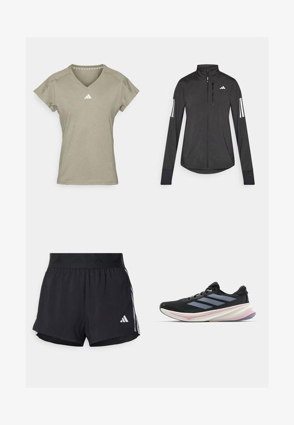 Must mustriga mustrin, millel on esiküljel lukuga, kõrge krae ja igal varrukal kolm valget triipu.; adidas Performance Spordi T-särk - silver pebble; Musta sportlikud lühikesed püksid elastse vöökohtaga, millel on tekstuuriga riba, külgmised triibud ja alumises servas valge Adidas'i logo.; Musts jooksujalanõud, millel on võrgusilmast ülemine osa, heledad lillad aktsendid ja kolm horisontaalset halli triipu. Omab mugavat polsterdatud tallat.