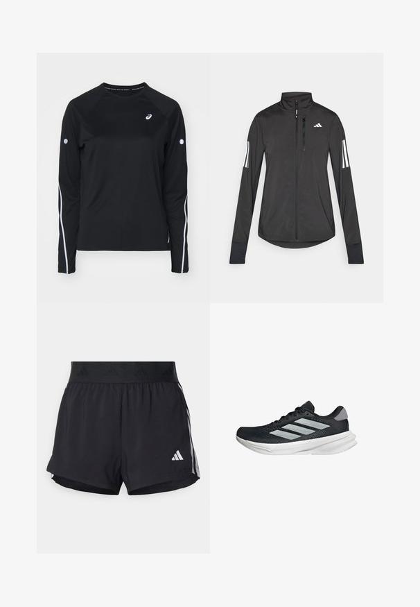 Schwarze Sportjacke aus leichtem Material. Mit einem Frontreißverschluss, hohem Kragen und drei weißen Streifen an jedem Ärmel.; Schwarzes langärmliges Sportshirt mit Raglanärmeln, weißen reflektierenden Streifen an den Seiten und einem runden Ausschnitt. Mit kleinem Logo auf der Brust.; Schwarze Sportshorts mit einem elastischen Bund, ausgestattet mit einem strukturierten Band, seitlichen Streifen und einem weißen Adidas-Logo am unteren Saum.; Schwarzer Laufschuh mit Mesh-Obermaterial, drei silbernen Streifen, weißer Zwischensohle und strukturiertem Außensohle. Verfügt über einen gepolsterten Schaft und eine Schnürung.