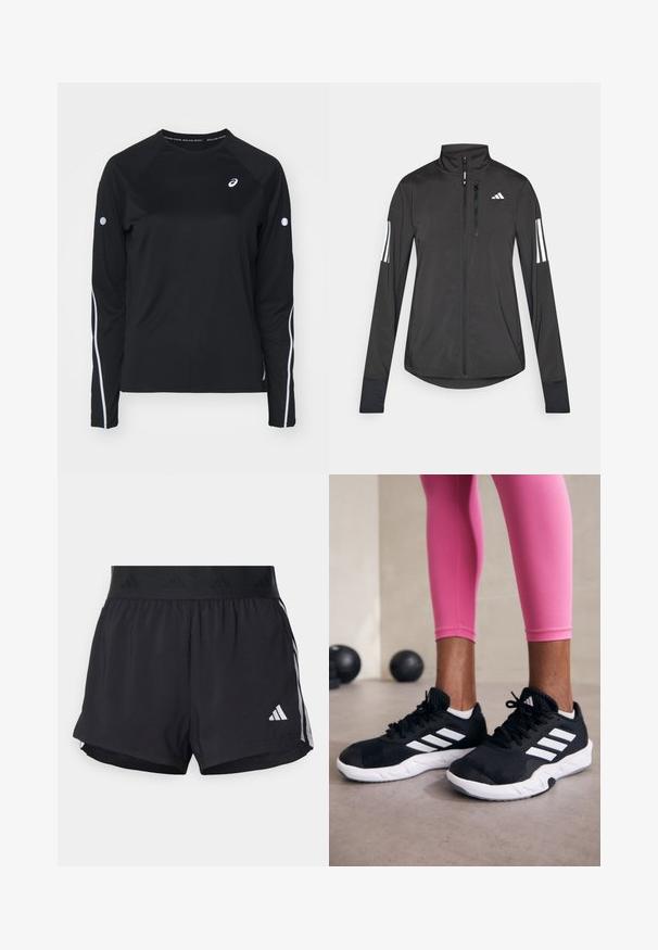 Chaqueta deportiva negra hecha de material ligero. Cuenta con una cremallera frontal, un cuello alto y tres franjas blancas en cada manga.; Camiseta atlética negra de manga larga con mangas raglán, franjas reflectantes blancas a los lados y cuello redondo. Cuenta con un pequeño logo en el pecho.; Pantalones cortos deportivos negros con una cintura elástica, que presentan una banda texturizada, rayas laterales y un logo blanco de Adidas en el dobladillo inferior.; Zapatillas deportivas negras con rayas blancas, parte superior de malla texturizada y suela blanca. Combinadas con leggings rosa, exhibiendo ropa de entrenamiento.
