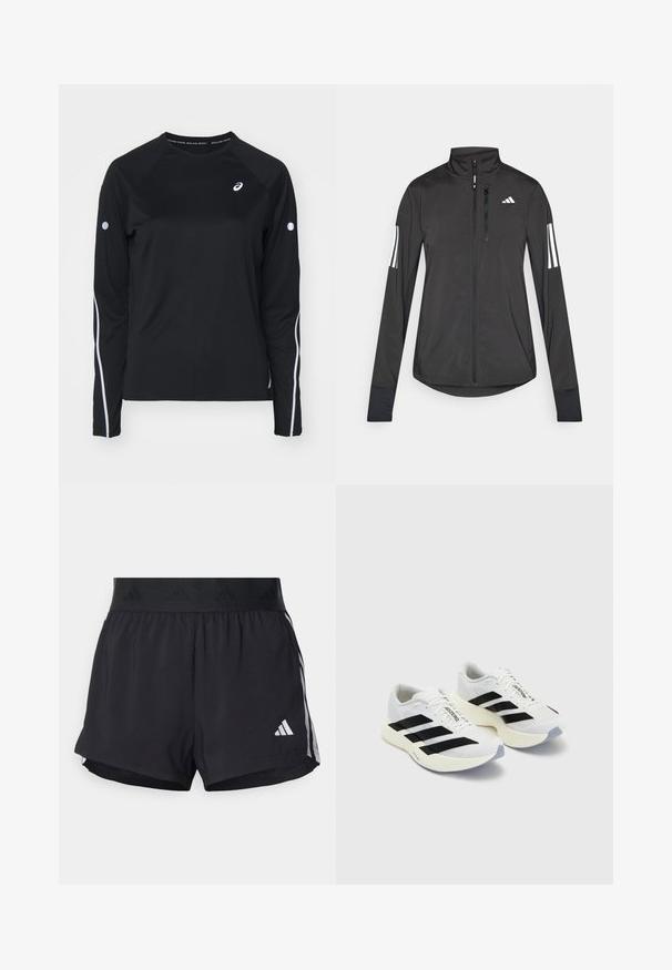Schwarze Sportjacke aus leichtem Material. Mit einem Frontreißverschluss, hohem Kragen und drei weißen Streifen an jedem Ärmel.; Schwarzes langärmliges Sportshirt mit Raglanärmeln, weißen reflektierenden Streifen an den Seiten und einem runden Ausschnitt. Mit kleinem Logo auf der Brust.; Schwarze Sportshorts mit einem elastischen Bund, ausgestattet mit einem strukturierten Band, seitlichen Streifen und einem weißen Adidas-Logo am unteren Saum.; Weiße Sportschuhe mit schwarzen Streifen und Branding, ausgestattet mit einem oberen Mesh, abgerundeter Zehenpartie und dicke cremefarbene Sohle für Dämpfung.