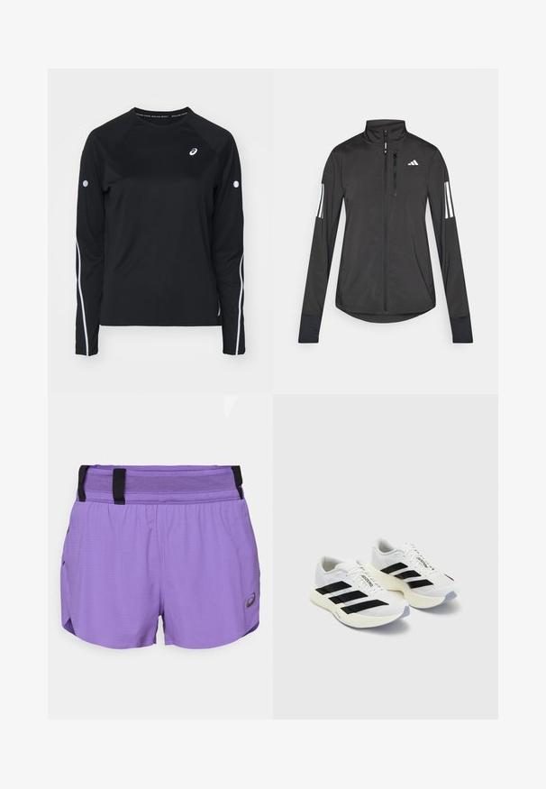 Sort atletisk jakke lavet af let materiale. Har en frontlynlås, høj krave og tre hvide striber på hver ærme.; Sort langærmet træningsshirt med raglanærmer, hvide reflekterende striber langs siderne og rund hals. Har et lille logo på brystet.; ASICS METARUN SPLIT SHORT - Korte sportsbukser - edo purple; Hvide sportsko med sorte striber og branding, med en mesh-overdel, afrundet tå og tyk cremefarvet sål til polstring.