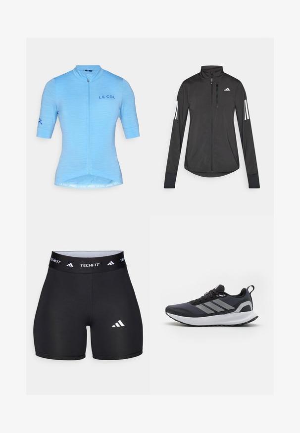 Fekete sportos dzseki könnyű anyagból. Elöl cipzárral, magas gallérral és minden ujjon három fehér csíkkal rendelkezik.; Világos kék, rövid ujjú kerékpáros mez, teljes elülső cipzárral, amelyen a "LE COL" logó található, és egy finom textúrájú anyag jellemzi.; Fekete, rugalmas anyagból készült, testhezálló rövidnadrág. Széles fekete derékpánttal rendelkezik, amelyen a "TECHFIT" felirat található, és a lábszáron egy fehér logó van.; Fekete sportcipő hálós felsőrésszel, fehér középtalppal, texturált gumitalppal és három szürke csíkkal az oldalán. Fűzővel és húzófüllel rendelkezik.