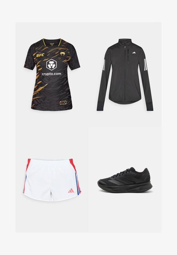 Black athletic jacket made of lightweight material. Features a front zipper, high collar, and three white stripes on each sleeve.; Black and gold UFC jersey featuring a textured, abstract pattern, round neckline, short sleeves, and a central logo with “crypto.com” printed.; White sports shorts with red side panels featuring blue stripes. Elastic waistband and logo on the lower left side. Smooth fabric texture.; Black running shoe with a breathable mesh upper, rounded toe, sleek design, textured accents, and a cushioned sole for comfort.