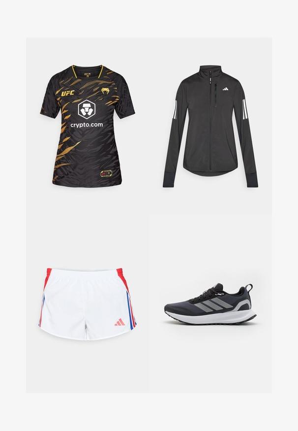 Jachetă sport neagră din material ușor. Are un fermoar frontal, guler înalt și trei dungi albe pe fiecare manșon.; Tricou UFC negru și auriu, cu un model texturat și abstract, guler circular, mâneci scurte și un logo central cu "crypto.com" imprimat.; Pantaloni scurți sport albi cu panouri laterale roșii, având dungi albastre. Braț elastic la talie și logo în partea stângă jos. Textură de material neted.; Pantofii sport negri au un superior din plasă, o talpă intermediară albă, o talpă din cauciuc texturat și trei dungi gri pe lateral. Acestia dispun de șireturi și o bucată de prindere.
