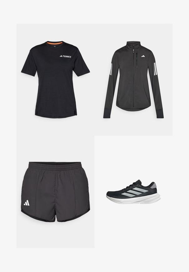 Giacchetto sportivo nero realizzato in materiale leggero. Presenta una chiusura frontale con zip, colletto alto e tre strisce bianche su ciascun manica.; T-shirt nero a maniche corte con scollo rotondo, caratterizzato da una leggera texture mélange e dal logo bianco "TERREX" sul lato superiore sinistro.; Shorts sportivi neri realizzati in tessuto leggero, con vita elastica e logo Adidas bianco sul lato sinistro in basso.; Scarpa da corsa nera con tomaia in mesh, tre strisce argentate, intersuola bianca e suola testurizzata. Presenta un colletto imbottito e chiusura con lacci.