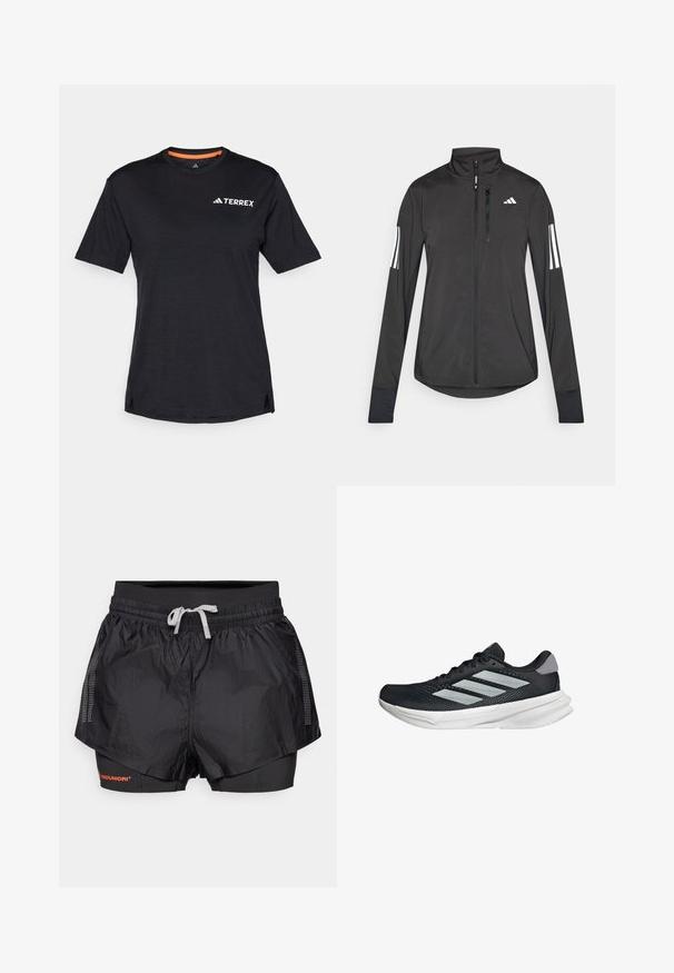 Czarna sportowa kurtka wykonana z lekkiego materiału. Posiada zamek błyskawiczny z przodu, wysoki kołnierz oraz trzy białe paski na każdym rękawie.; Czarna koszulka krótki rękaw z okrągłym dekoltem, z subtelną teksturą melanżową i białym logo "TERREX" po lewej stronie na górze.; Czarne sportowe szorty z fakturowaną warstwą zewnętrzną, siateczkowymi wstawkami i dopasowaną wewnętrzną warstwą. Posiadają elastyczny pas z sznurkiem.; Czarny but biegowy z siateczkowym wierzchem, trzema srebrnymi paskami, białą podeszwą środkową i teksturowaną podeszwą zewnętrzną. Posiada wyściełany kołnierz i zapięcie na sznurówki.