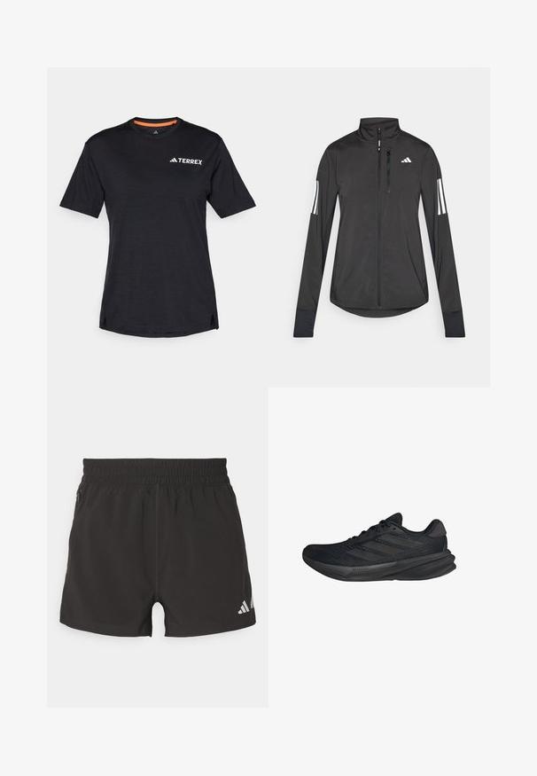 Sort atletisk jakke lavet af let materiale. Har en frontlynlås, høj krave og tre hvide striber på hver ærme.; Sort kortærmet T-shirt med rund halsudskæring, der har en subtil meleret tekstur og hvid "TERREX"-logo på den øverste venstre side.; Sorte atletiske shorts lavet af letvægtsstof. Har en elastisk talje, sidelommer med lynlås og et reflekterende logo på kanten.; Sorte sportssko med en mesh-overdel, strømlinet form, flad sål og tre diagonale striber på siden. Letvægtsdesign for komfort.