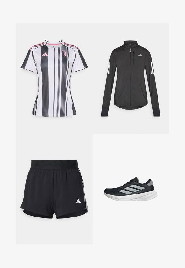 Crni sportski jakna napravljena od laganog materijala. Ima prednji zatvarač, visoki ovratnik i tri bijele pruge na svakoj rukavu.; Bijela i crna prugasta nogometna majica s ružičastim detaljima, kratkim rukavima i okruglim izrezom. Sadrži Adidas logo i grb kluba.; Crne atletske kratke hlače s elastičnim pojasom, s teksturiranim pojasom, bočnim prugama i bijelim Adidas logotipom na donjem rubu.; Crne trkačke tenisice s mrežastim gornjim dijelom, tri srebrne pruge, bijeli srednji sloj i teksturirani potplat. Sadrži podstavljeni ovratnik i zatvaranje s vezicama.