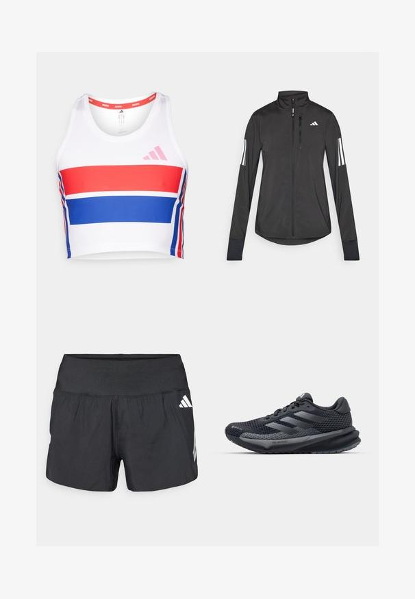 Schwarze Sportjacke aus leichtem Material. Mit einem Frontreißverschluss, hohem Kragen und drei weißen Streifen an jedem Ärmel.; Verkürztes Sporttanktop in Weiß mit roten und blauen horizontalen Streifen. Verfügt über ein pinkes adidas-Logo, einen runden Ausschnitt und eine glatte Stofftextur.; Schwarze Sportshorts mit einem breiten elastischen Bund, leichtem Stoff und weißen Logoakzenten an der unteren Seite.; Schwarzer Sportschuh mit einem strukturierten Mesh-Obermaterial, reflektierenden Akzenten, gepolsteter Sohle und einem schlanken Design. Enthält ein Logo mit drei Streifen.