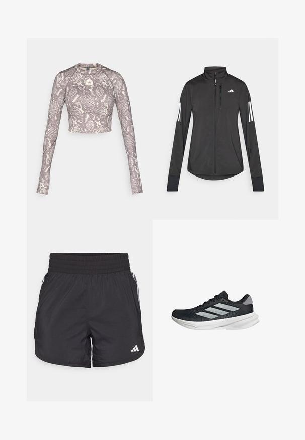 Black athletic jacket made of lightweight material. Features a front zipper, high collar, and three white stripes on each sleeve.; Cropped long-sleeve top in a purple and cream snake pattern, featuring a round neckline and smooth stretchy material.; Black athletic shorts with an elastic waistband, side pockets, and white stripe accents on the sides. Made of lightweight material.; Black running shoe with mesh upper, three silver stripes, white midsole, and textured outsole. Features padded collar and lace closure.