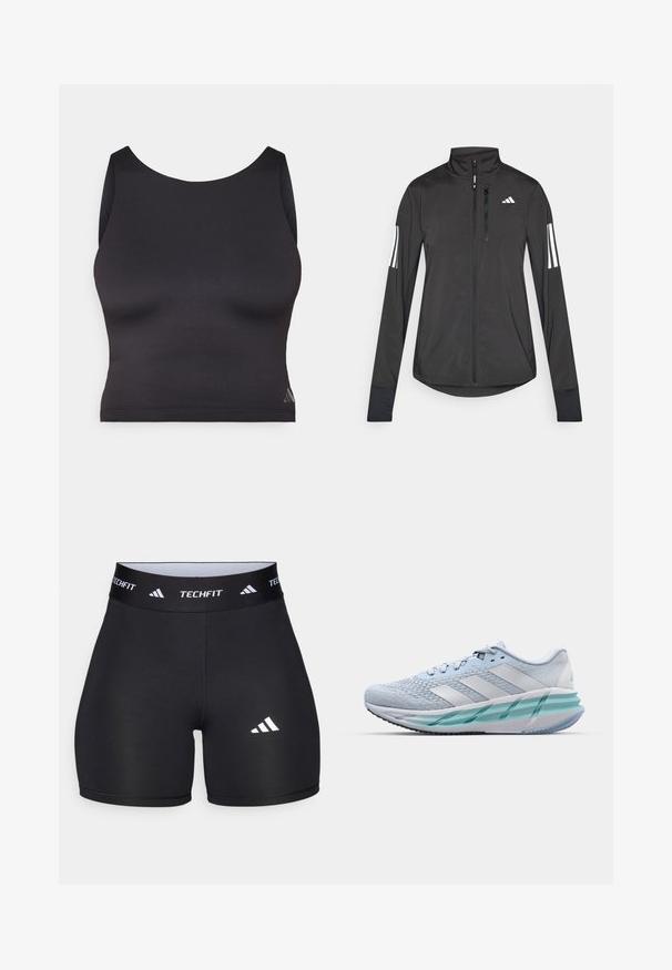 Černá atletická bunda vyrobená z lehkého materiálu. Má přední zip, vysoký límec a tři bílé pruhy na každém rukávu.; Černý sportovní crop top z hladké elastické tkaniny, s kulatým výstřihem a bezrukávovým designem. Obsahuje jemný detail loga.; Černé šortky vyrobené z pružného materiálu s přiléhavým střihem. Vybaveny širokým černým páskem se označením "TECHFIT" a bílým logem na noze.; Světlomodré sportovní boty s texturovaným pleteným svrškem, bílými akcenty a průhledným zeleným mezipodešví. Oválná špička a polstrovaný límec.