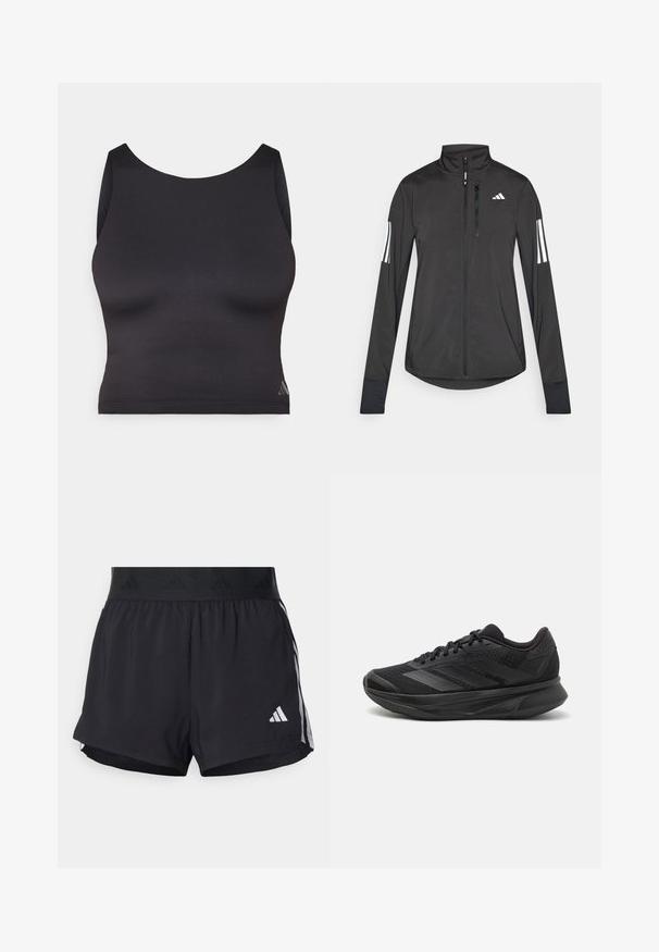 Crni sportski jakna napravljena od laganog materijala. Ima prednji zatvarač, visoki ovratnik i tri bijele pruge na svakoj rukavu.; Crni atletski crop top izrađen od glatkog, rastezljivog materijala s okruglim izrezom i bez rukava. Ima suptilan detalj s logotipom.; Crne atletske kratke hlače s elastičnim pojasom, s teksturiranim pojasom, bočnim prugama i bijelim Adidas logotipom na donjem rubu.; Crne trkaće tenisice s prozračnom mrežastom gornjom konstrukcijom, zaobljenim prstima, elegantnim dizajnom, teksturiranim detaljima i mekanim potplatom za udobnost.