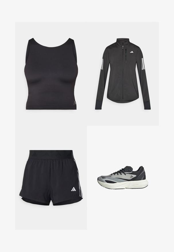 Czarna sportowa kurtka wykonana z lekkiego materiału. Posiada zamek błyskawiczny z przodu, wysoki kołnierz oraz trzy białe paski na każdym rękawie.; Czarny sportowy crop top wykonany z gładkiego, elastycznego materiału, z okrągłym dekoltem i bezrękawowym fasonem. Posiada subtelny detal z logo.; Czarne sportowe szorty z elastycznym paskiem w talii, z teksturowanym pasem, bocznymi paskami oraz białym logo Adidas na dolnym brzegu.; Buty do biegania z szaro-czarną siateczką, geometrycznymi nakładkami, grubą białą podeszwą oraz teksturowanymi akcentami. Logo "LIGHTSTRIKE" widoczne.