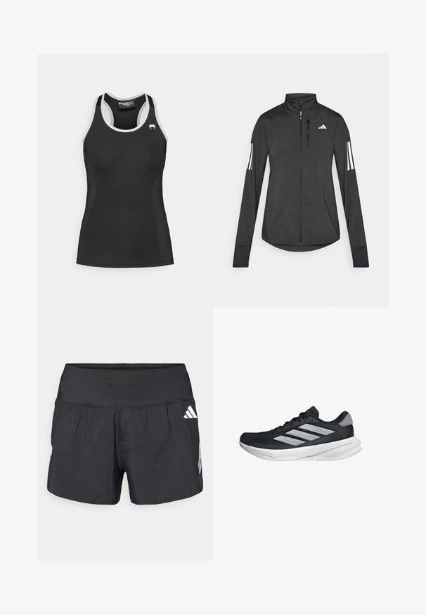 Black athletic jacket made of lightweight material. Features a front zipper, high collar, and three white stripes on each sleeve.; Black athletic tank top with white accents, racerback design, smooth texture, fitted shape, and a small white logo on the chest.; Black athletic shorts featuring a wide elastic waistband, lightweight fabric, and white logo accents on the lower side.; Black running shoe with mesh upper, three silver stripes, white midsole, and textured outsole. Features padded collar and lace closure.